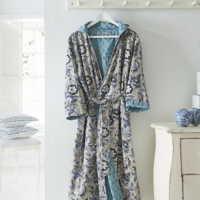 Block Printed Hooded Robe Grey Floral 