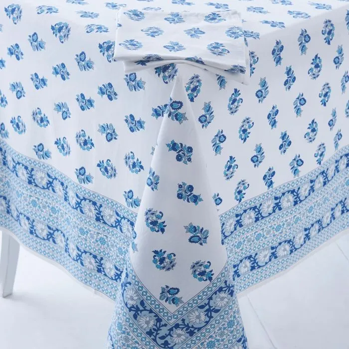  Block Printed Tablecloths &amp; Napkins Blue Floral (Design 15)