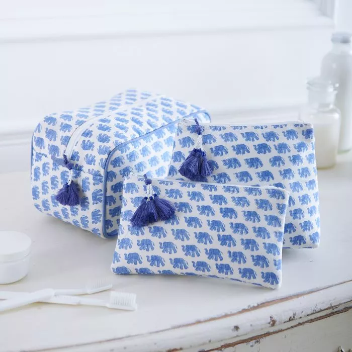 Blue Elephants Block Printed Washbags