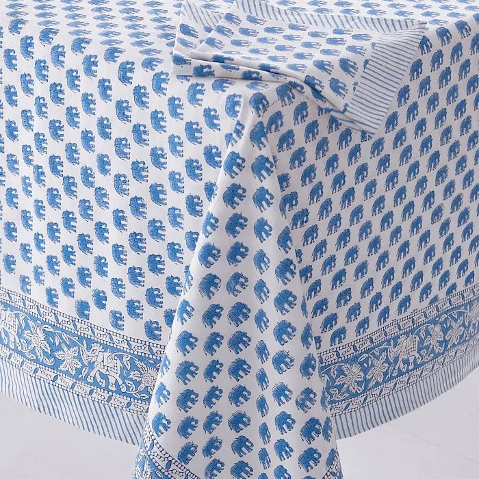 Block Printed Tablecloth Design 8 Blue Elephant 