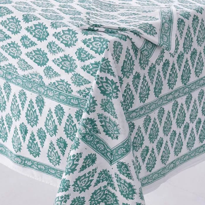 Block Printed Tablecloth Design 7 Green Paisley 